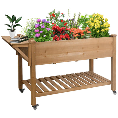 Raised Garden Bed Outdoor with Lockable Wheels, 55"x 24" x 33" Elevated Wood Planter Box for Backyard Balcony Patio , Garden Flower Beds with Drainage Holes & Storage Shelf, Gift for Gardening, Brown