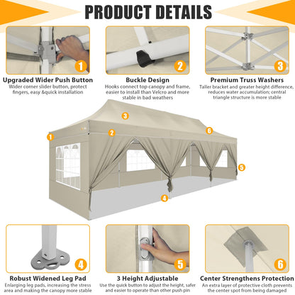 HOTEEL Tents for Parties 10x30 Pop Up Canopy Tent Heavy Duty with 8 Sidewalls, Commercial Party Tent Event Wedding Instant Canopy Waterproof with Carry Bag, UV 50+, Thicked Hexagonal Legs, Kh - WoodArtSupply