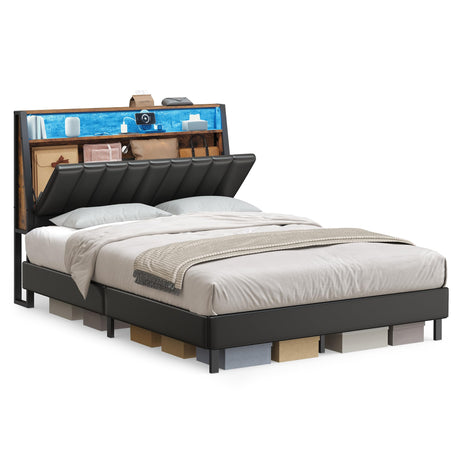 VASAGLE LED Bed Frame Full Size, Storage Headboard and Charging Station, Full Bed Frame with 2 AC Outlets, 1 USB Port, 1 Type-C Port, No Box Spring Needed, Ink Black and Rustic Brown URMB842B01 VASAGLE
