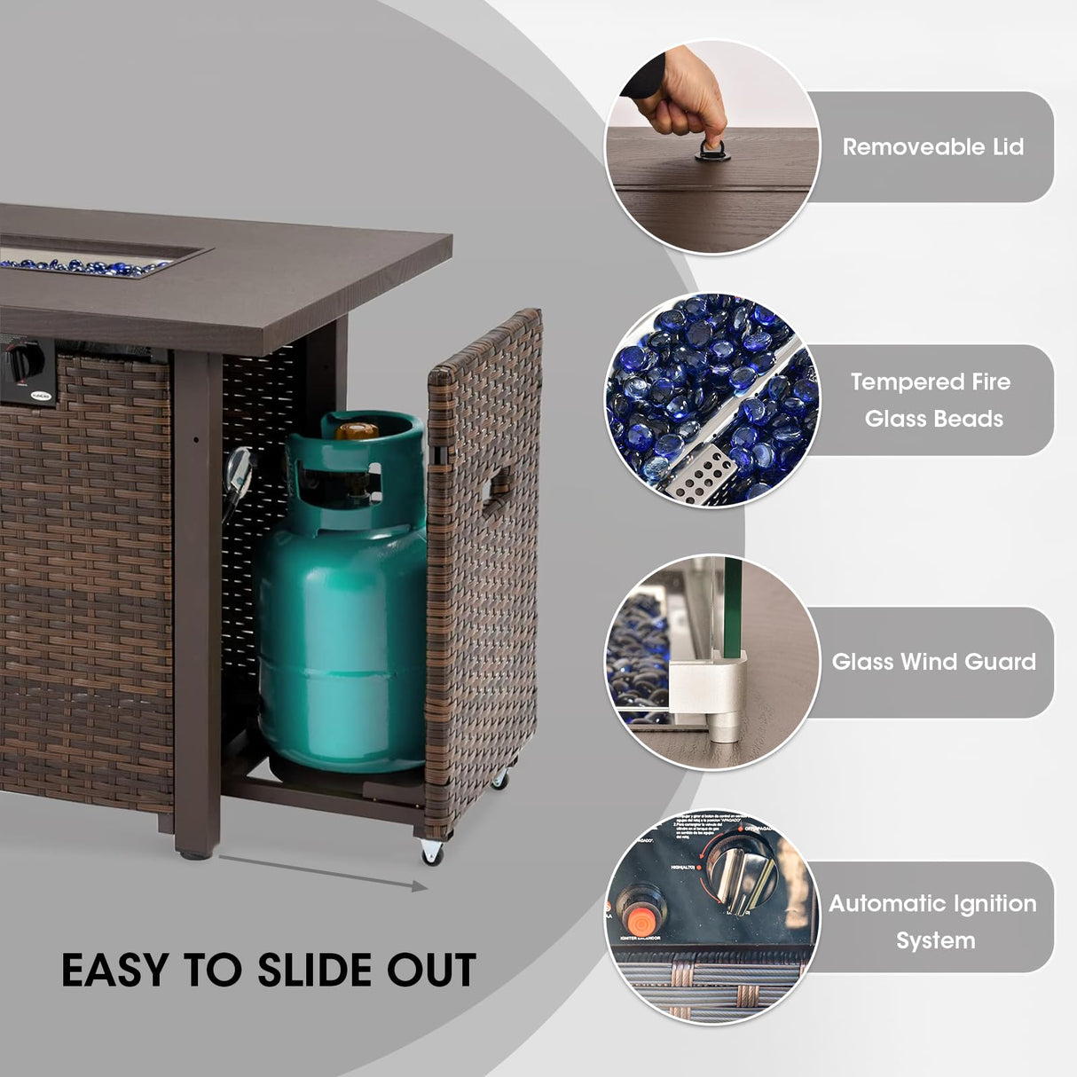 GREZJXC 8 Pieces Outdoor Sectional Patio Furniture Set with Fire Pit Table,PE Rattan Wicker Patio Sectional Conversation Set with Cushions and Glass Coffee Table Black GREZJXC