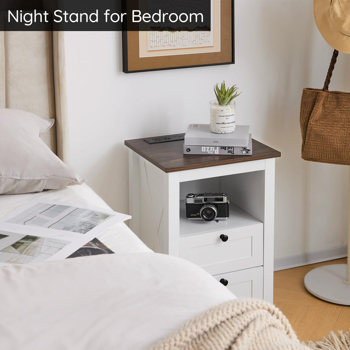Mellolivin Farmhouse Nightstand with Charging Station and LED Lighting, End Table with 2 Drawers & Open Storage, Farmhouse Design White Bedside Table for Bedroom Mellolivin