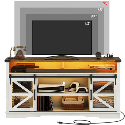 RALGEND Farmhouse TV Stand for 75 inch TV, LED TV Stand with Power Outlet & USB Ports, 33" Tall Highboy Entertainment Center, Media TV Console Table, Rustic TV Cabinet, White and Walnut 84DSU - WoodArtSupply