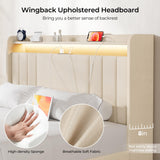 koorlian Queen Size Upholstered Bed Frame with 4 Storage Drawers and 51'' Tall Headboard Wingback Platform Bed Frames with RGB LED & USB Charging, 3 Adjustable Height, Noise-Free/Metal Support, Beige koorlian