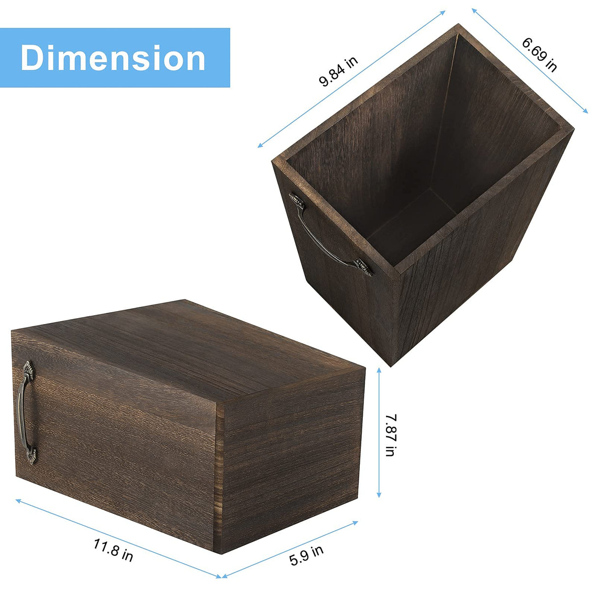 Trash Can Wastebasket Wood Garbage Container Bin with Built-in Double Metal Handles for Office, Bedroom, and Bathroom, Dark Brown OYEAL