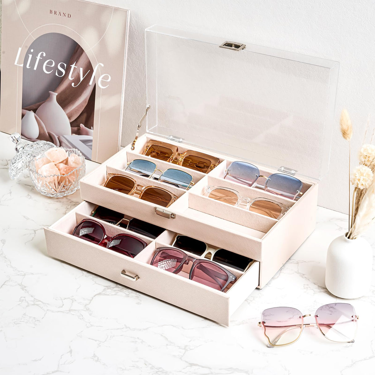 ProCase 12 Slots Acrylic Clear Top Sunglass Organizer, 2 Layers Eyeglasses Case Multi Pairs Storage Eyewear Display Holder with Transparent Lid and Drawer -Champagne ProCase