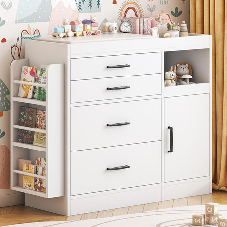 Bigbiglife Changing Table Dresser, Baby Nursery Dresser with 4 Drawers & 1 Cabinet & 3 Open Shelves Storage, Modern Diaper Changing Station for Children's Room, Changing Pad Included, White Bigbiglife