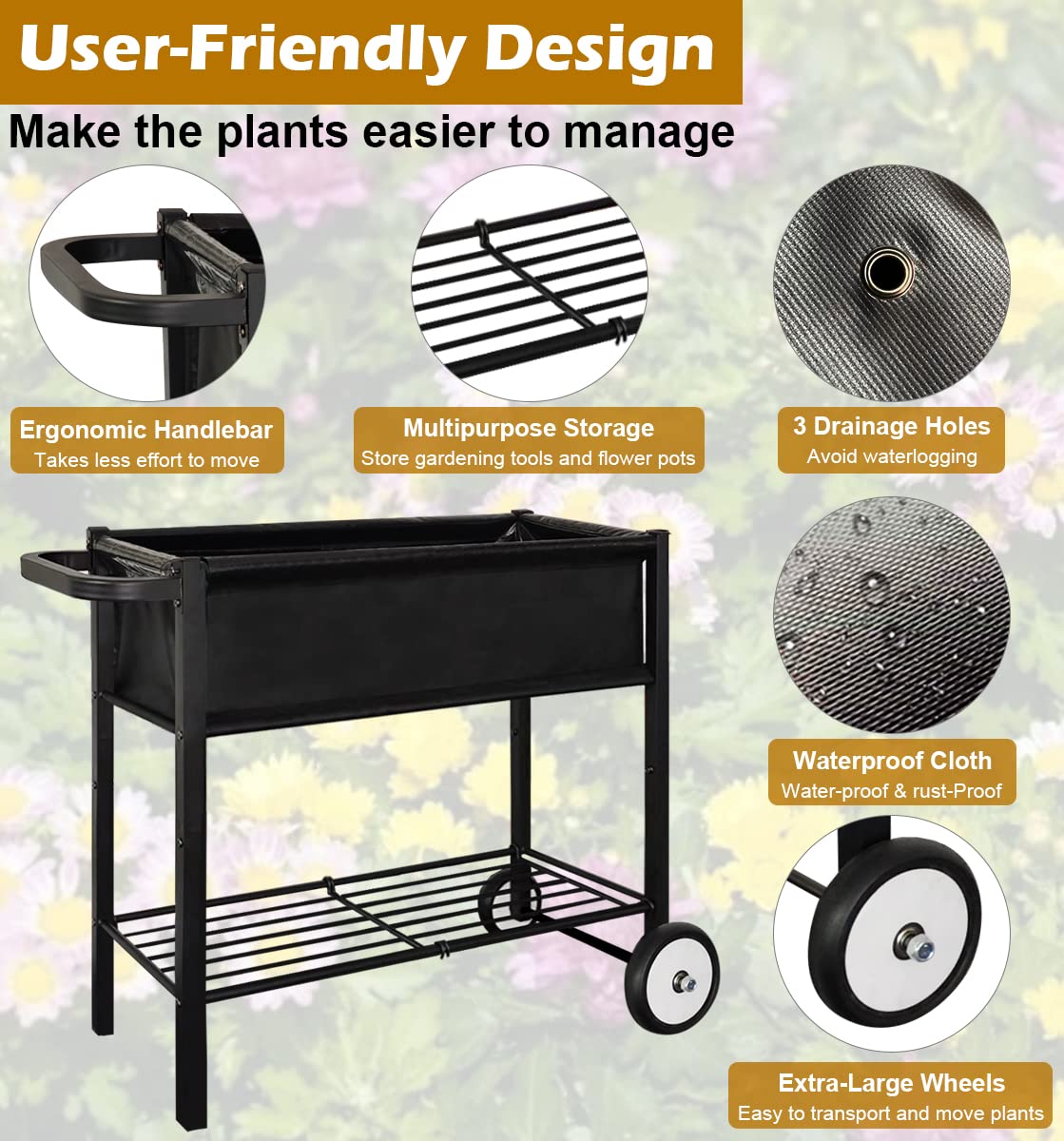 Koutemie Outdoor Raised Planter Bed Box with Legs for Gardening, Elevated DIY Garden Cart on Wheels for Vegetables Flower Tomato Herb Plant, Black Koutemie