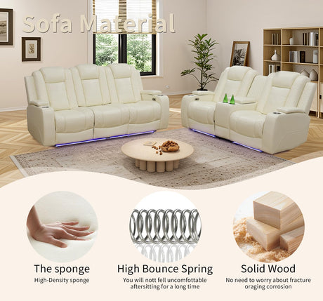 Caberryne Power Recliner Sofa Set with LED Lights,Leather Reclining Couch and Loveseat Set with USB Port/Coffee Table/Cup Holder,Living Room Set with 4 Recliner Seats for House(2 Piece Set,Creamy) Caberryne