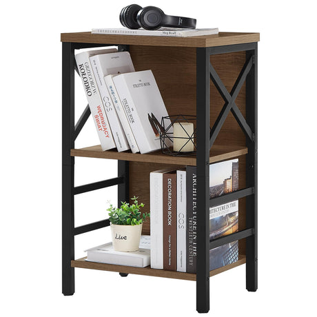 MNEETRUNG 3-Tier Industrial Small Bookcase with Metal Frame and Rustic Brown Finish MNEETRUNG