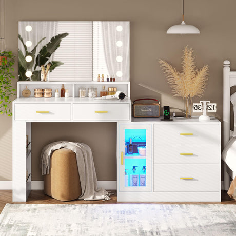 AOGLLATI Makeup Vanity Desk with Mirror and Lights & Charging Station, White Vanity Table with 3 Drawers LED Dresser, Makeup Desk with 3 Lighting Modes, 5 Drawers and Cabinet Storage AOGLLATI