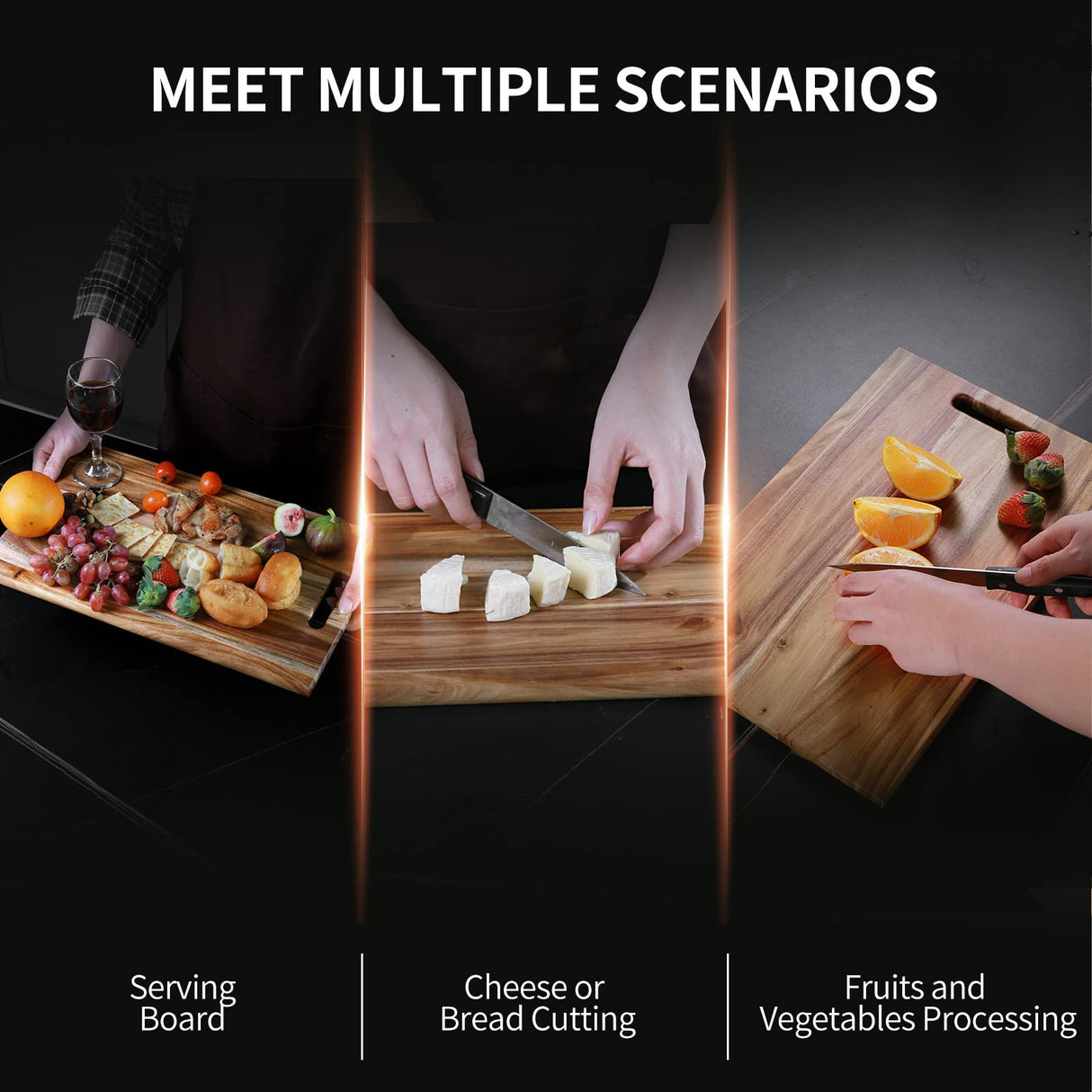 YSTKC Acacia Wood Cutting Board with Hand Grip 15" x 9.7" Inch, Wooden Reversible Chopping Board with Handle for Kitchen Meal Prep Serving, Chopping, YSTKC