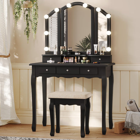 Tiptiper Makeup Vanity with Lights, Vanity Desk with 10 Light Bulbs & 3 Color Lighting Modes, Vanity Table with 5 Drawers and Cushioned Stool, Makeup Table with Tri-Fold Mirror for Women Girls, Black Tiptiper