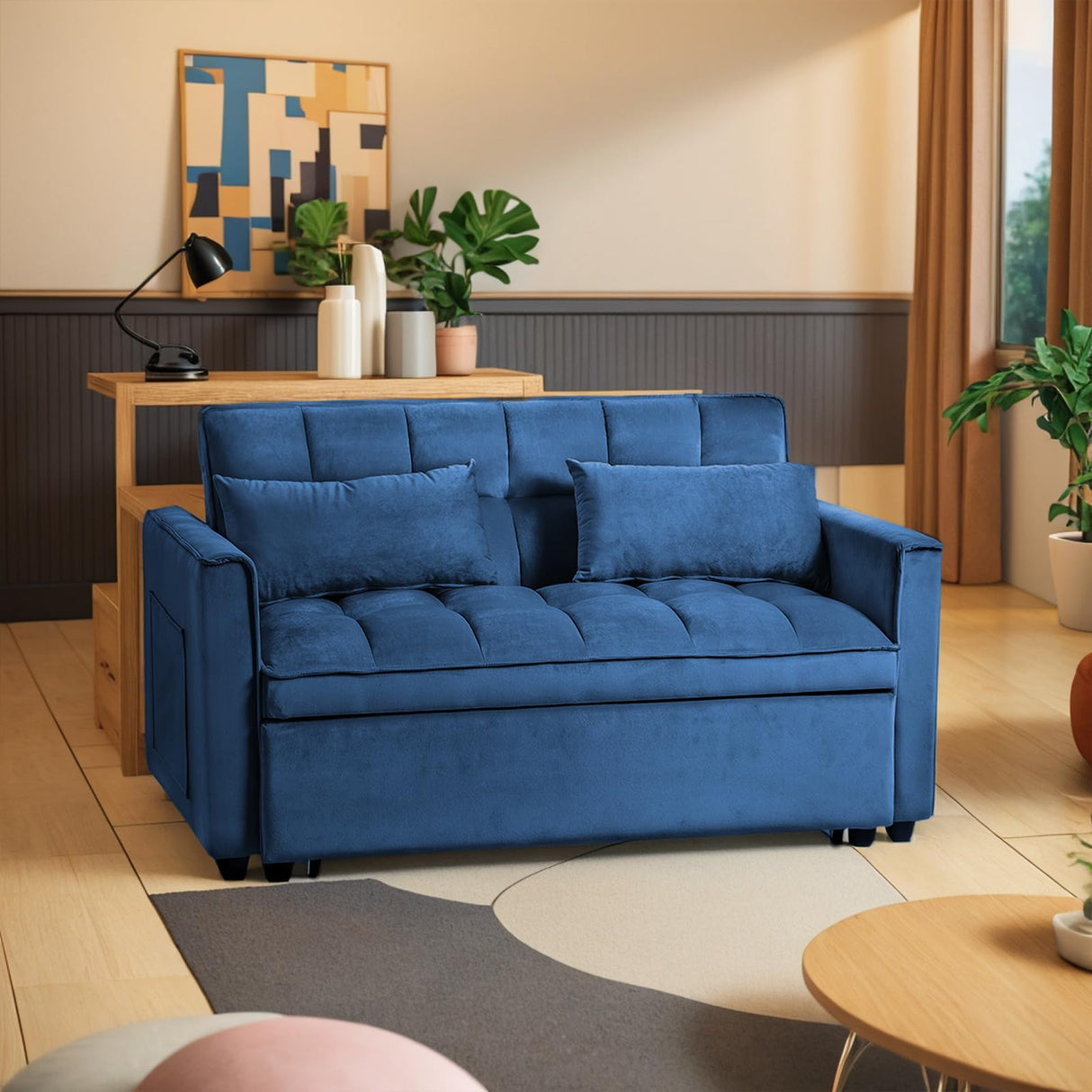 Osparple Pull-Out Convertible Loveseat Sleeper – 3 in 1 Blue Velvet Futon Sofa Bed, Love Seat Couches for Living Room Apartment, 2-Seater Sofa Bed for Small Spaces with Side Pockets & Modern Style Osparple