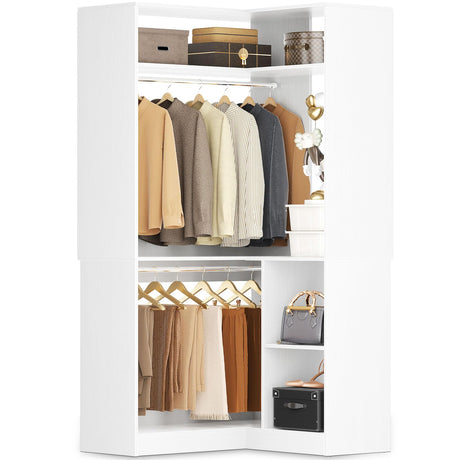 Aheaplus Corner Closet System With Shelves, 34'' Organizer With Hanging Rods, Wood Walk-in for Small Space, Freestanding Tower, L Shaped Garment Rack, White Aheaplus