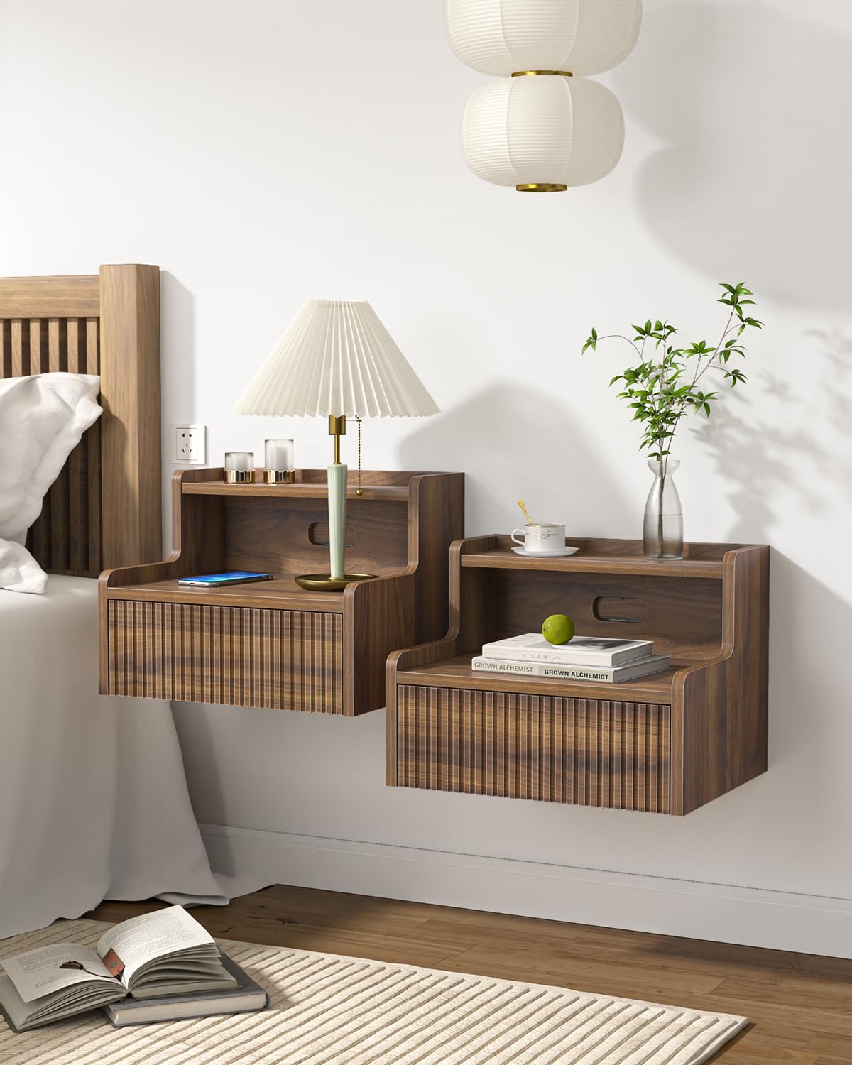 Anmytek Walnut Floating Nightstand Set of 2 with Drawer, Wall Mounted Night Stand, Small Bedside End Table, Modern Wood Floating Bedside Shelf for Bedroom Bathroom Kitchen Anmytek