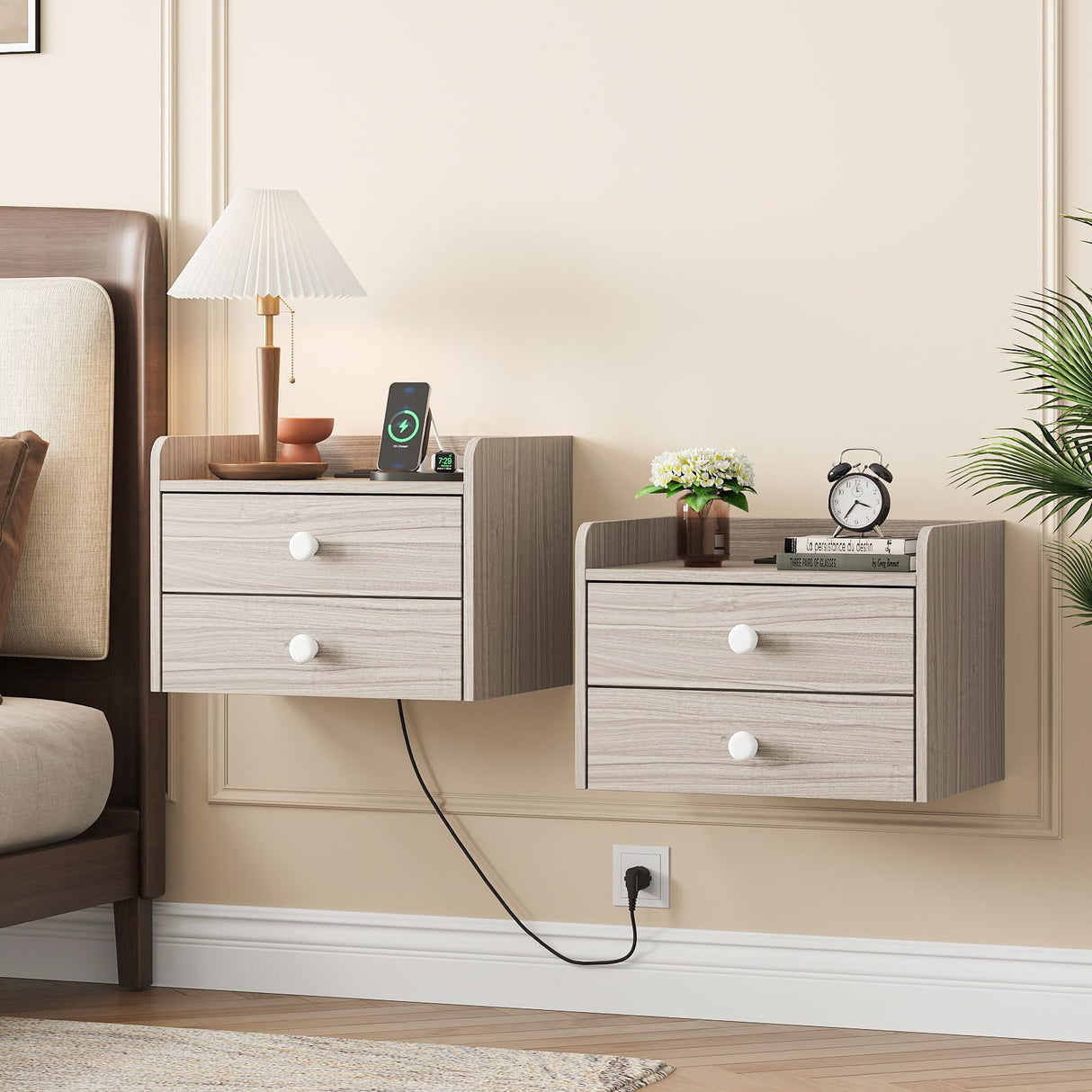 Floating Nightstand Set of 2 with 2 Storage Drawers and Charging Station Wood Wall Mounted Bedside End Table Modern Night Stands Set 2 for Bedroom,Living Room,Home Office,Small Space,Grey Vabches