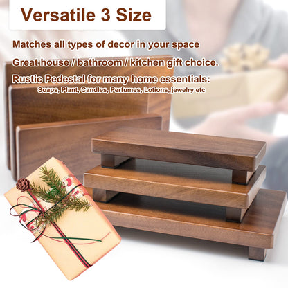 kulusion Walnut Wooden Pedestal Stand, Farmhouse Wood Tray for Kitchen Bathroom Counter Decor, Rustic Display Riser for Soap,Bottle,Plant Etc (Large & 12 x 7 x 1.57'')