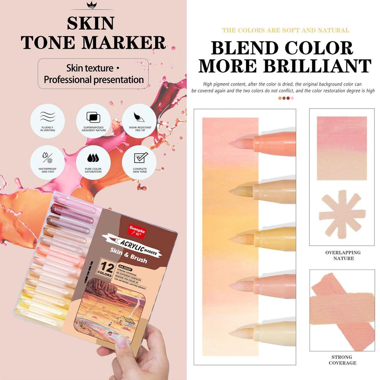 KsopiaVobs Skin Tones Art Markers, Acrylic Paint Pens Skin Colors Paint Markers for Wood,Glass,Fabric,Rocks Painting,Illustration Sketching, Extra Fine Tip (Set of 12,Brush Tip) KsopiaVobs