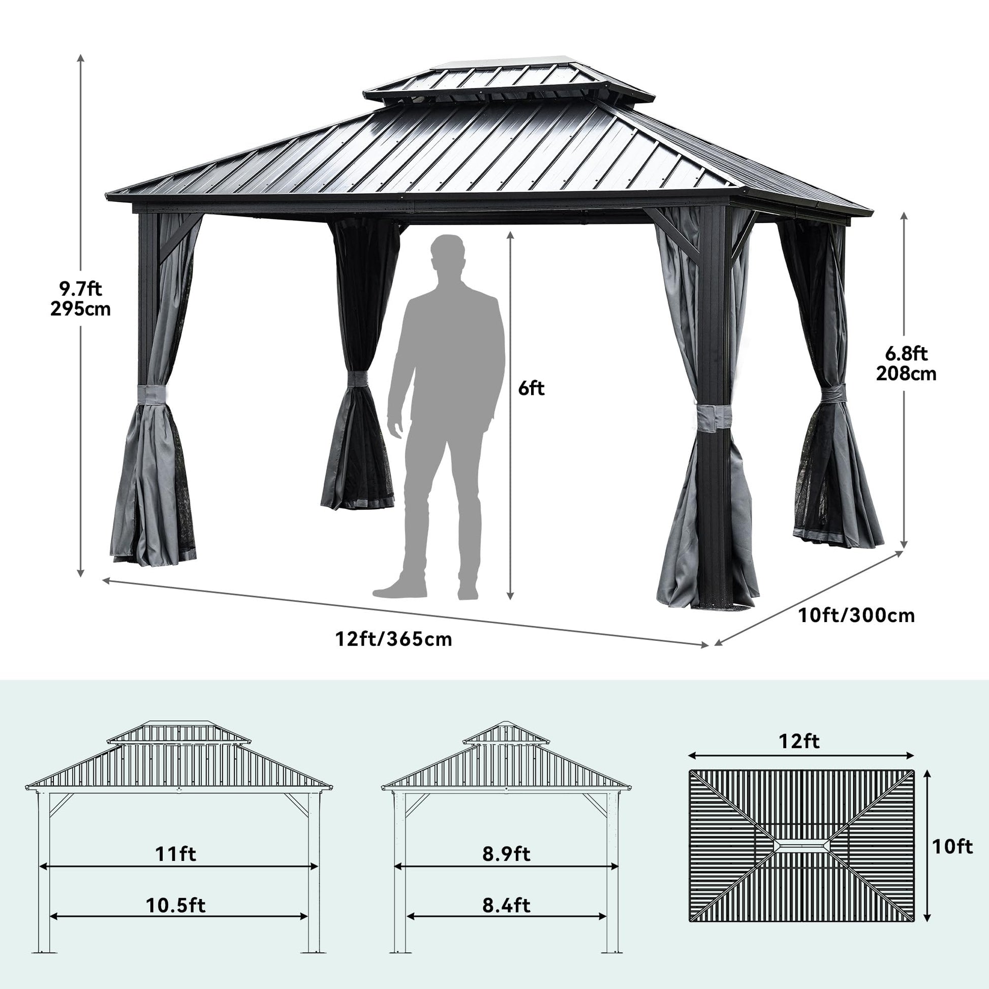 YITAHOME 10x12ft Hardtop Gazebo with Nettings and Curtains, Heavy Duty Double Roof Galvanized Steel Outdoor Combined of Vertical Stripes Roof for Patio, Backyard, Deck, Lawns, Gray - WoodArtSupply