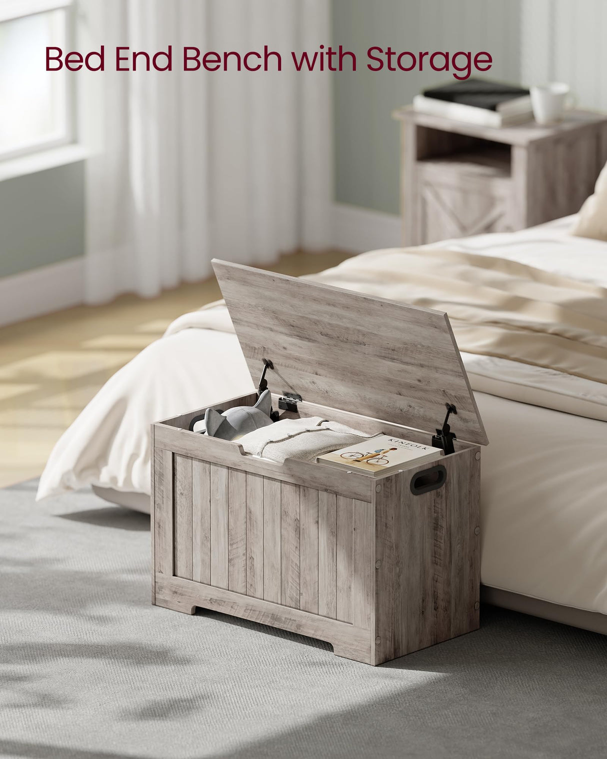 VASAGLE Storage Chest, 29.9 Inches Width Storage Bench, Entryway Bench with 2 Safety Hinges, Shoe Bench, Farmhouse Style, for Entryway, Bedroom, Living Room, Heather Greige ULHS011K01 VASAGLE