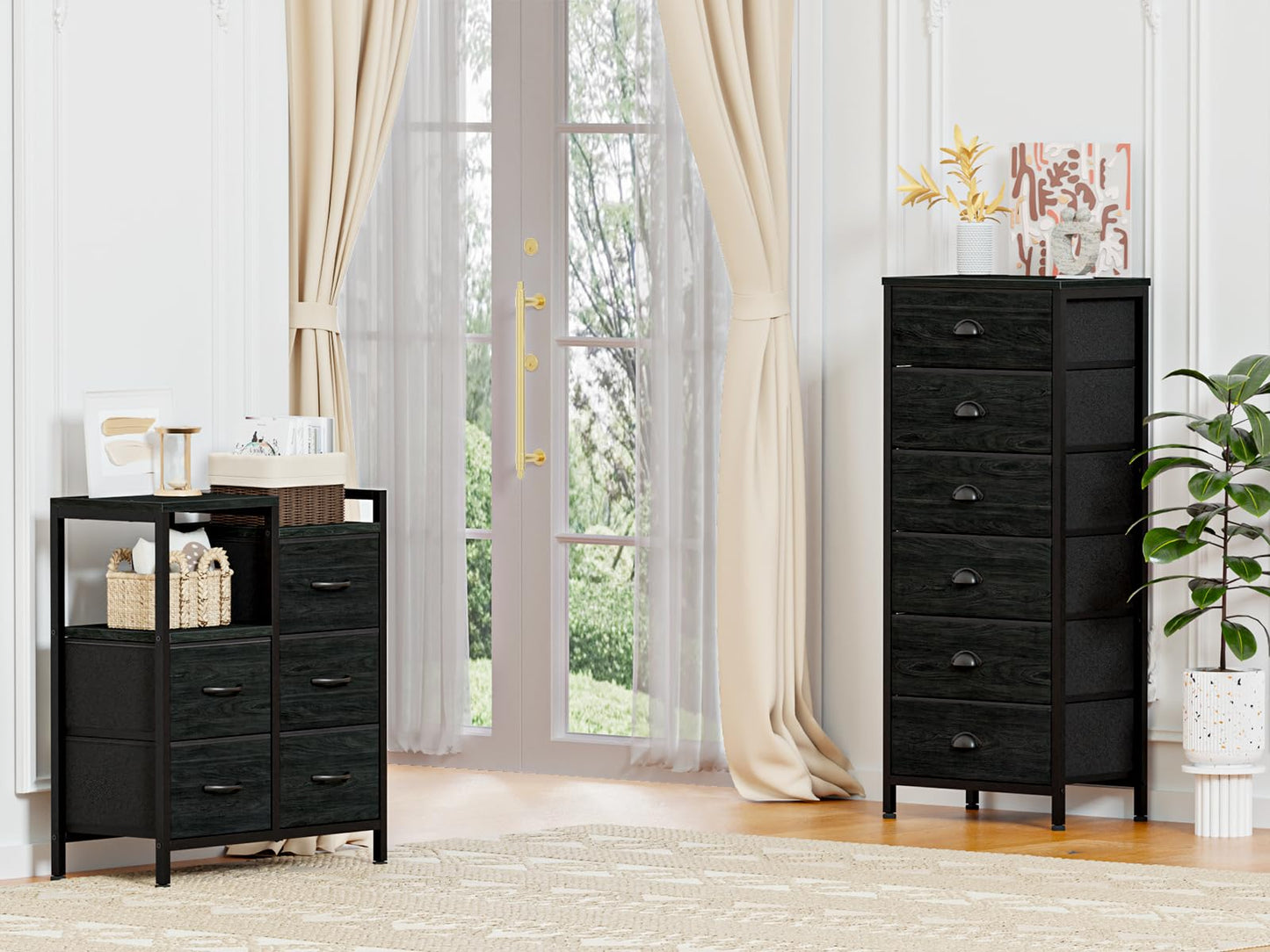 Furnulem Tall Dresser with 6 Drawers,Vertical Bedside End Table & Chest for Bedroom,Black Storage Tower Dorm Nightstand with Fabric Drawer Organizer Unit Furniture in Living Room,Closet,Hallyway