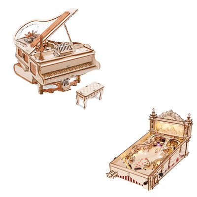 3D Wooden Puzzles Bundled Set Contains Magic Piano Model Kit and 3D Pinball Machine EG01