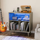VINGLI Record Player Stand with Open Vinyl Storage, Mid-Century Album Storage Table with LED Light up to 300 Albums, Vinyl Record Player Shelf with Power Outlet for Living Room, Grey Oak VINGLI