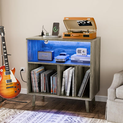VINGLI Record Player Stand with Open Vinyl Storage, Mid-Century Album Storage Table with LED Light up to 300 Albums, Vinyl Record Player Shelf with Power Outlet for Living Room, Grey Oak