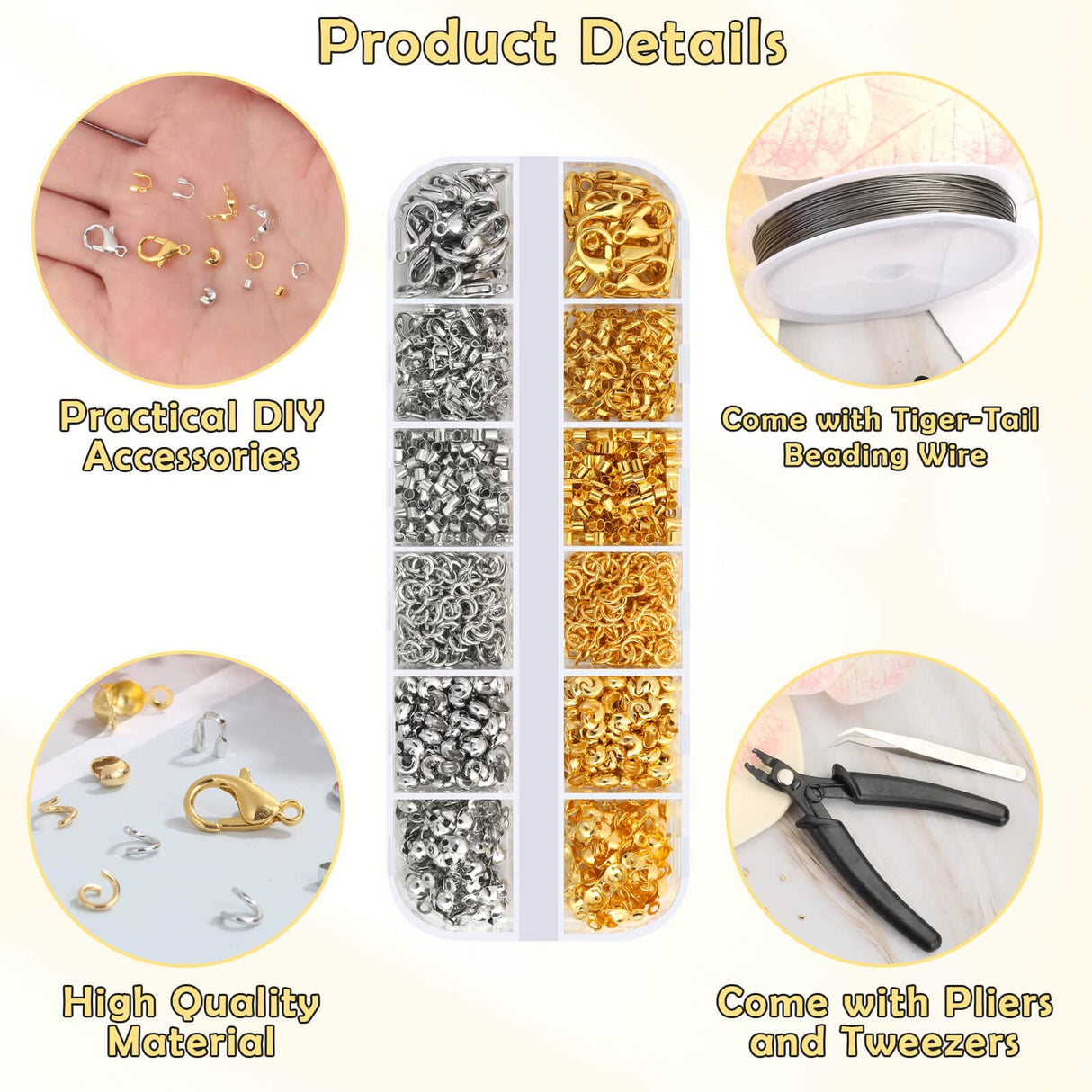 1200 Pcs Crimp Beads Kit for Jewelry Making, Acejoz Crimp Beads, Crimp Covers, Crimp Tubes and Wire Guardians, Lobster Clasps, Jump Rings, Crimping Pliers and Beading Wire for Jewelry Making Acejoz