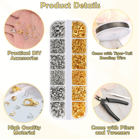 1200 Pcs Crimp Beads Kit for Jewelry Making, Acejoz Crimp Beads, Crimp Covers, Crimp Tubes and Wire Guardians, Lobster Clasps, Jump Rings, Crimping Pliers and Beading Wire for Jewelry Making Acejoz