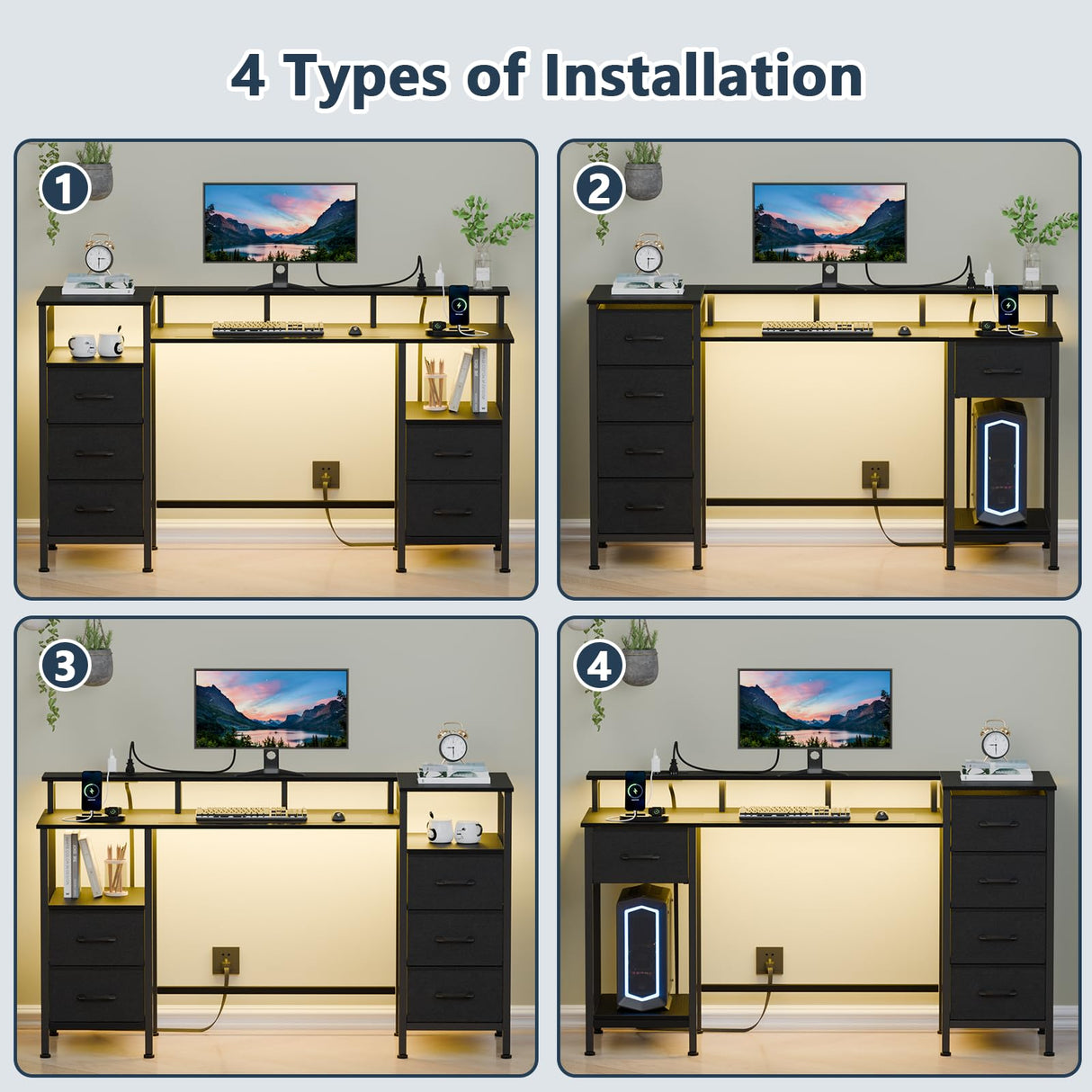 Korfile Computer Desk with Power Outlets & LED Lights, Gaming Desk with 5 Fabric Drawers for Bedroom, 47 Inch Home Office Desk with Monitor Stand & Storage Shelves for Working, Black Korfile