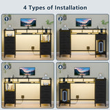 Korfile Computer Desk with Power Outlets & LED Lights, Gaming Desk with 5 Fabric Drawers for Bedroom, 47 Inch Home Office Desk with Monitor Stand & Storage Shelves for Working, Black Korfile