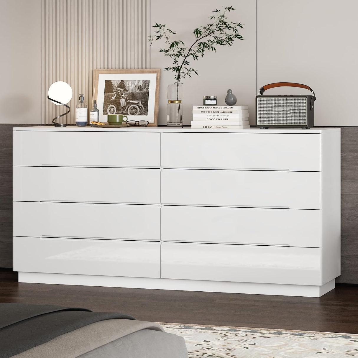 WOODTIME Modern 8 Drawer Dresser with LED Lights and Glossy Surface, 63" Large Dressers & Chests of Drawers Storage Tower Organizer for Bedroom, White WOODTIME