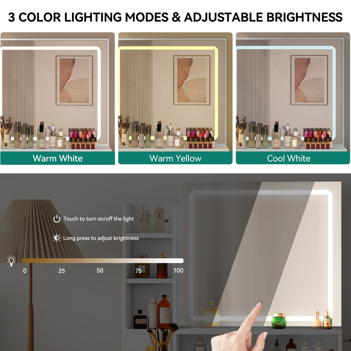 YITAHOME Vanity Desk with Mirror and Lights, Makeup Vanity Table with Power Outlet, Drawers, Vanity Table Set, 3 Lighting Modes Brightness Adjustable, Bedroom (White) YITAHOME