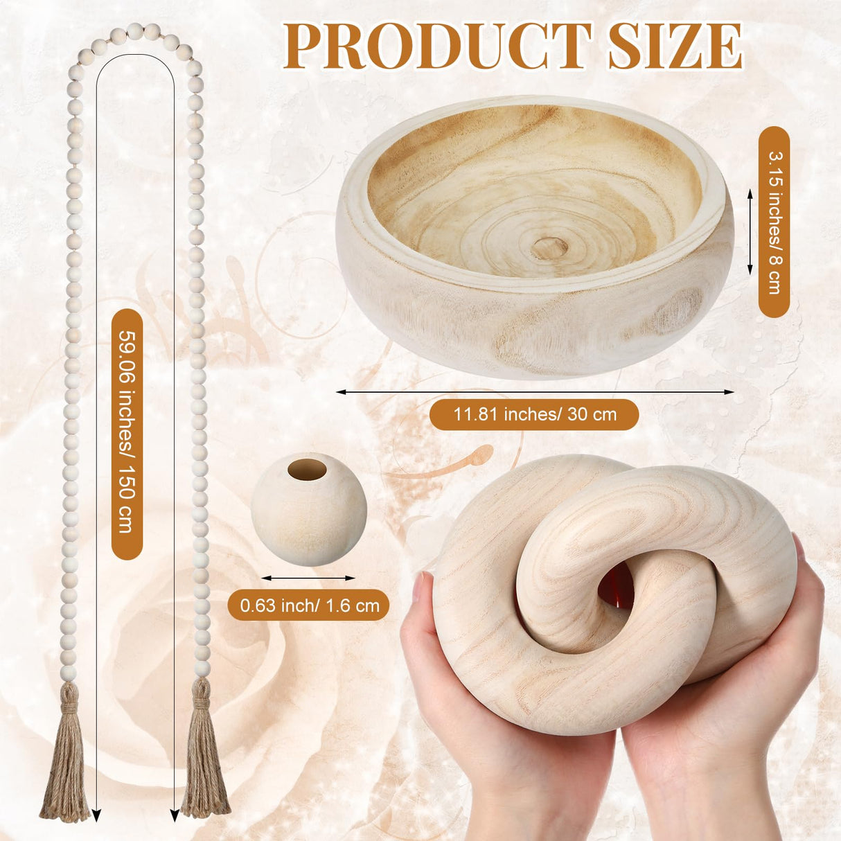 Hushee 3 Pcs Wood Decor Set Include Wood Fruit Bowl Wooden Beads Garland with Tassels Wood Knot Decor Wood Chain Link Decor Wood Serving Bowl Farmhouse Beads for Home Room Table Rustic Decorations Hushee