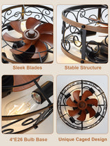 Curve Curio 18 Inch Farmhouse Caged Ceiling Fan with Light, Rustic Style Flush Mount Low Profile Ceiling Fan for Kitchen, Bedroom Curve Curio