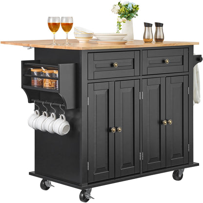 VEVOR Kitchen Island Cart, 35" Wood Top Mobile Carts with Storage Cabinet, Rolling Table with Drop Leaf, Spice Rack, Towel Bar, Adjustable Shelf, Drawer, and Hooks, Portable Islands on Wheels, Black