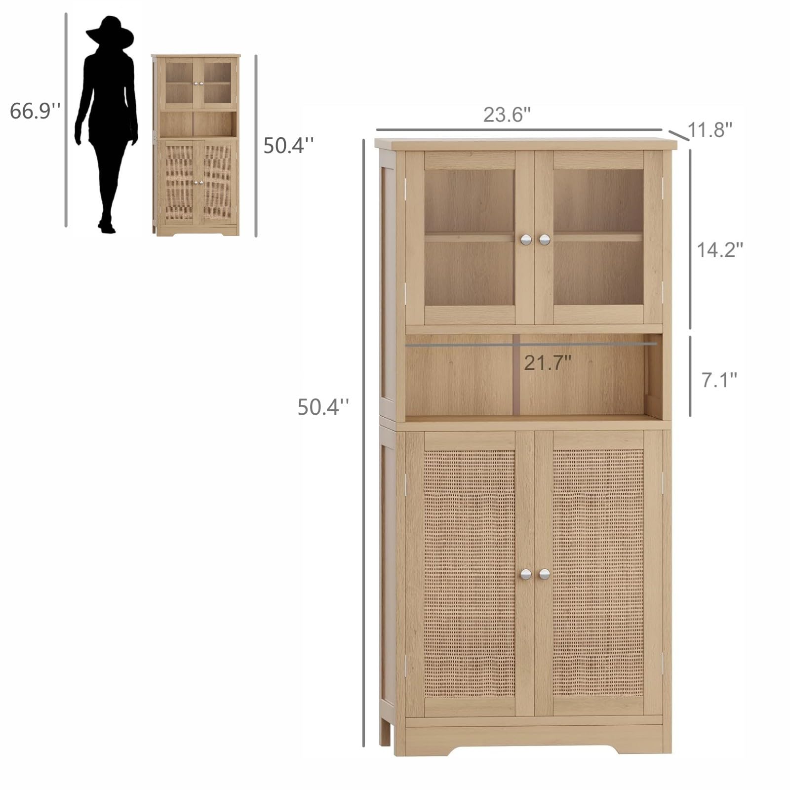 Irontar Rattan Bathroom Storage Cabinet, Bathroom Cabinet with Open Shelf, Large Display Cabinet with Rattan Doors, Kitchen Pantry Cabinet, 23.6 x 11.8 x 50.4 Inches, Natural CWG006M - WoodArtSupply