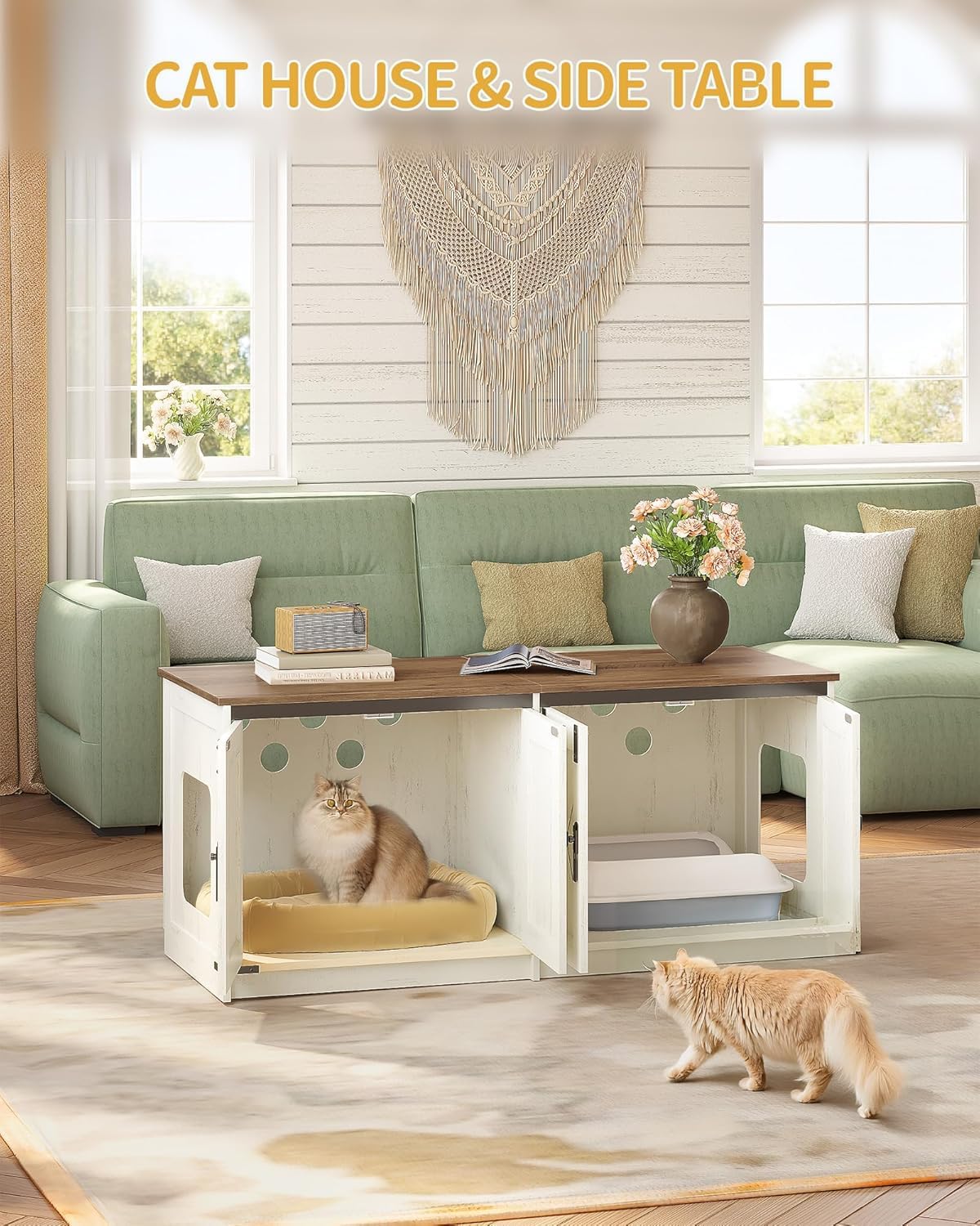 Hzuaneri Cat Litter Box Enclosure for 2 Cats, Hidden Litter Box Furniture Cabinet with Double Room, Indoor Cat House, Farmhouse Style, 46.7 x 18.9 x 21.1 Inches, Rustic Brown and White CB85314X Hzuaneri