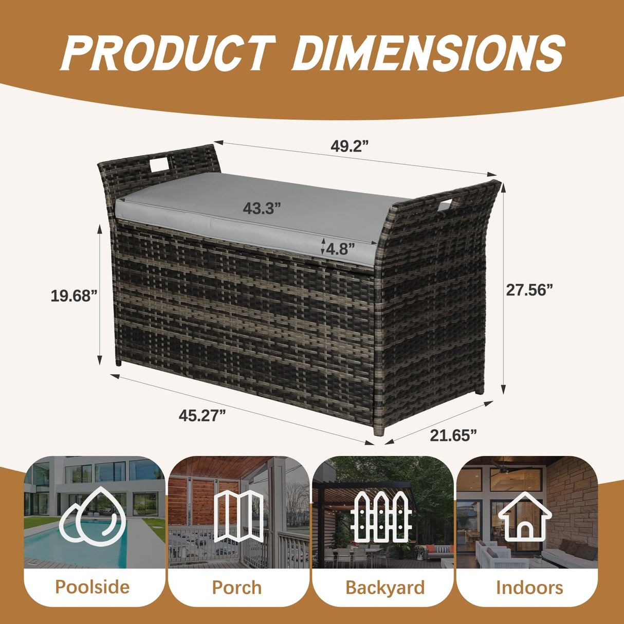 Patiomore 90 Gallon Outdoor Wicker Storage Bench with Cushion, Patio PE Rattan Deck Box with Handles (Gray), Grey Patiomore