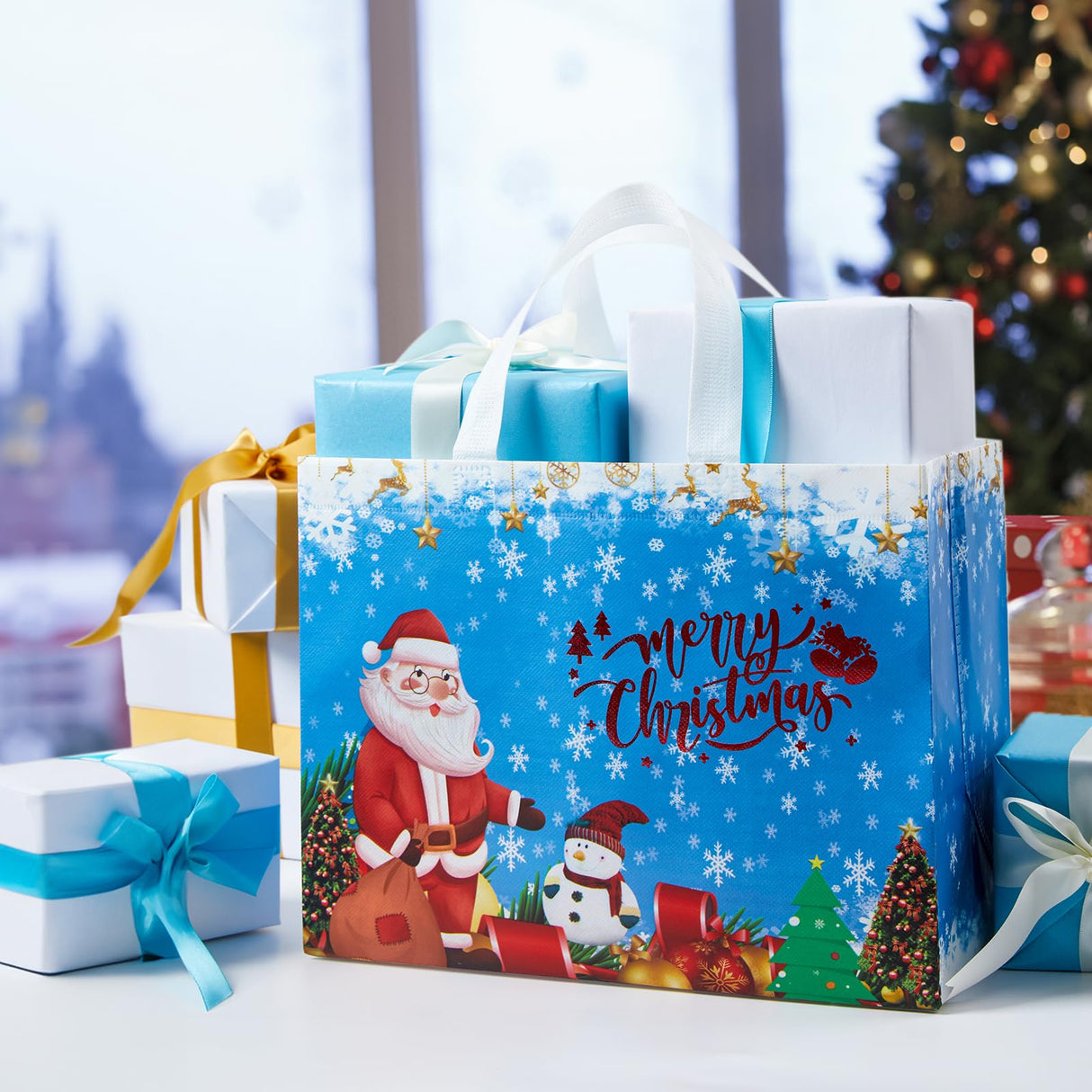 YANGTE 8 Pack Christmas Gift Bags with Handles, Large Non-Woven Tote Bags for Wrapping Xmas Party Favors, 12.8"x9.8"x6.7 YANGTE