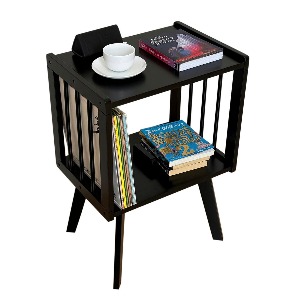 AF28 Record Player Stand Stores up to 100 LP Albums. Vinyl Record Display Holder for Living Room Bedroom, Turntable Stand, Record Player Table, End Table Made of 100% Natural Solid Wood (Black) AF28