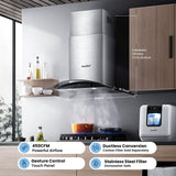 COMFEE Curved Glass Range Hood 30 Inch 450 CFM 3 Speed Gesture Sensing &Touch Control Panel Stainless Steel kitchen Ductless/Ducted Convertible with Baffle Filters and 2 LED Lights (CVG30W9AST) COMFEE'