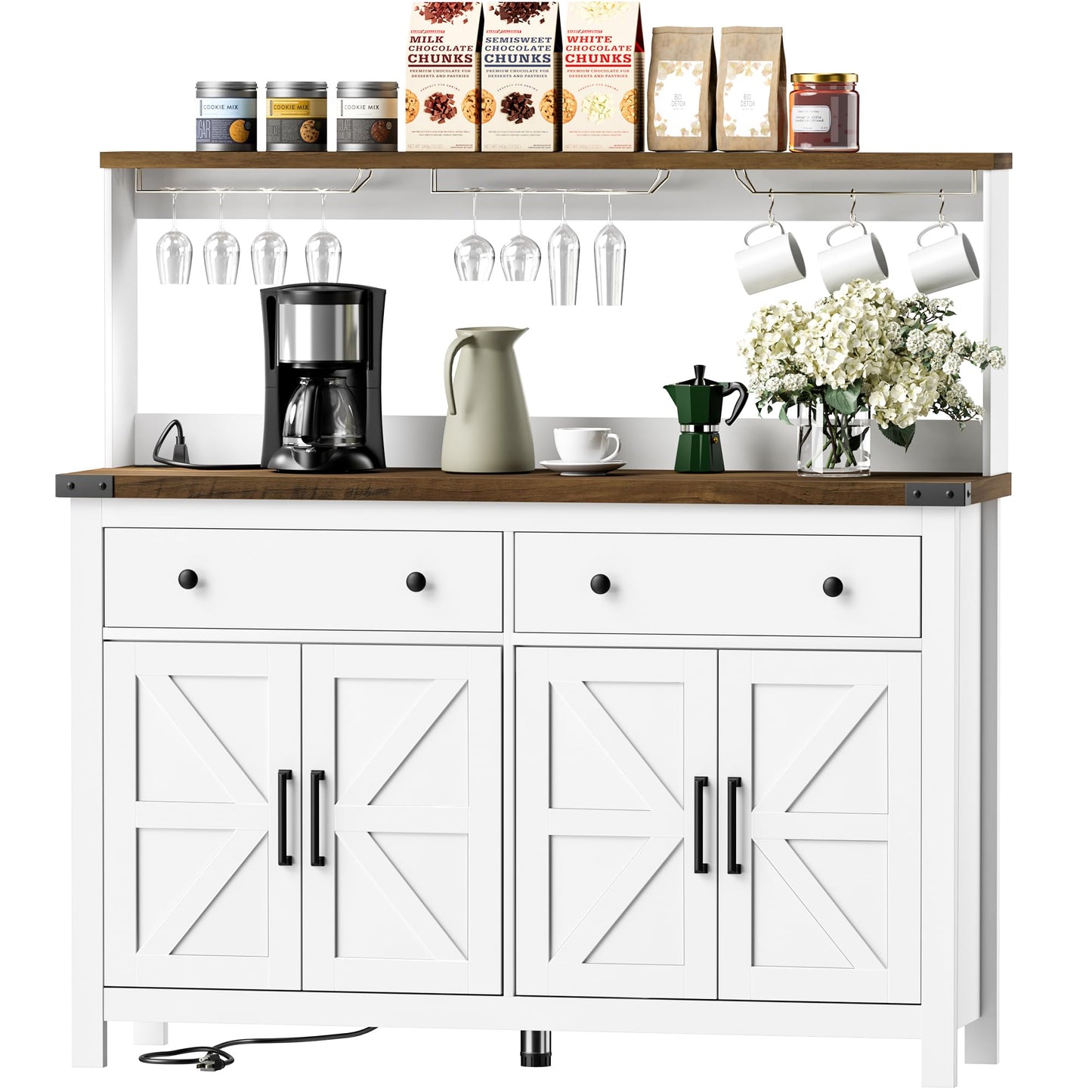 VVFLU Hutch Storage Cabinet Buffet with Drawers, and Charging Station, Coffee Bar Cabinet with Barn Doors, Wine Rack and Hooks, Countertop, Long Farmhouse, White, for Kitchen, Dining Room, 60 - WoodArtSupply