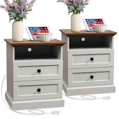ENOUSHU Night Stand Set 2 with Charging Station, Bedside Table with 2 Drawers Storage and Open Shelf, Wood Farmhouse Nightstands with Outlets for Bedroom Office, White