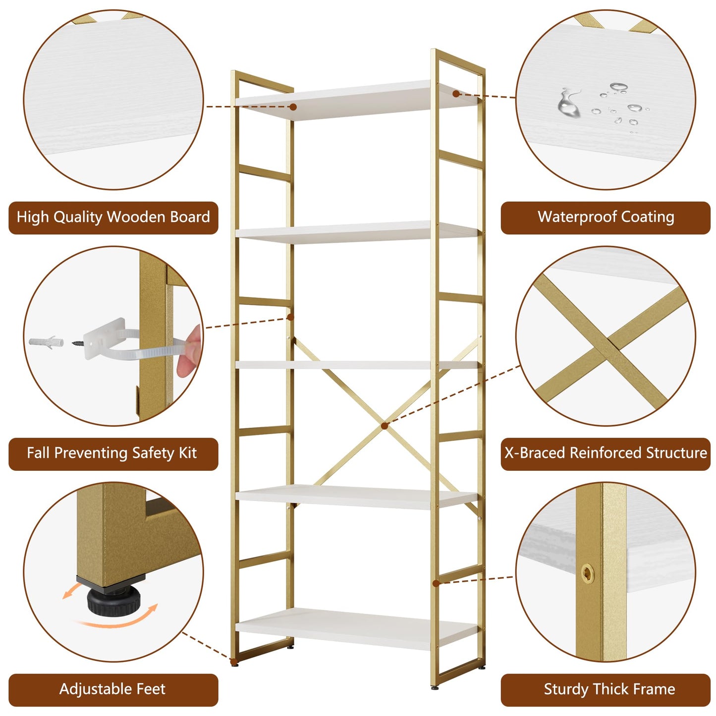 Shintenchi 5-Tier Industrial Gold Bookshelf – Modern Multi-Functional Bookcase for Home & Office - WoodArtSupply