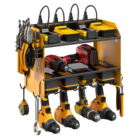CCCEI Modular Power Tool Organizer Wall Mount with Charging Station. Garage Drill Storage Shelf with Hooks, Heavy Duty Rack, Tool Battery Holder Built in 8 Outlet. Gift for Men. Yellow. CCCEI