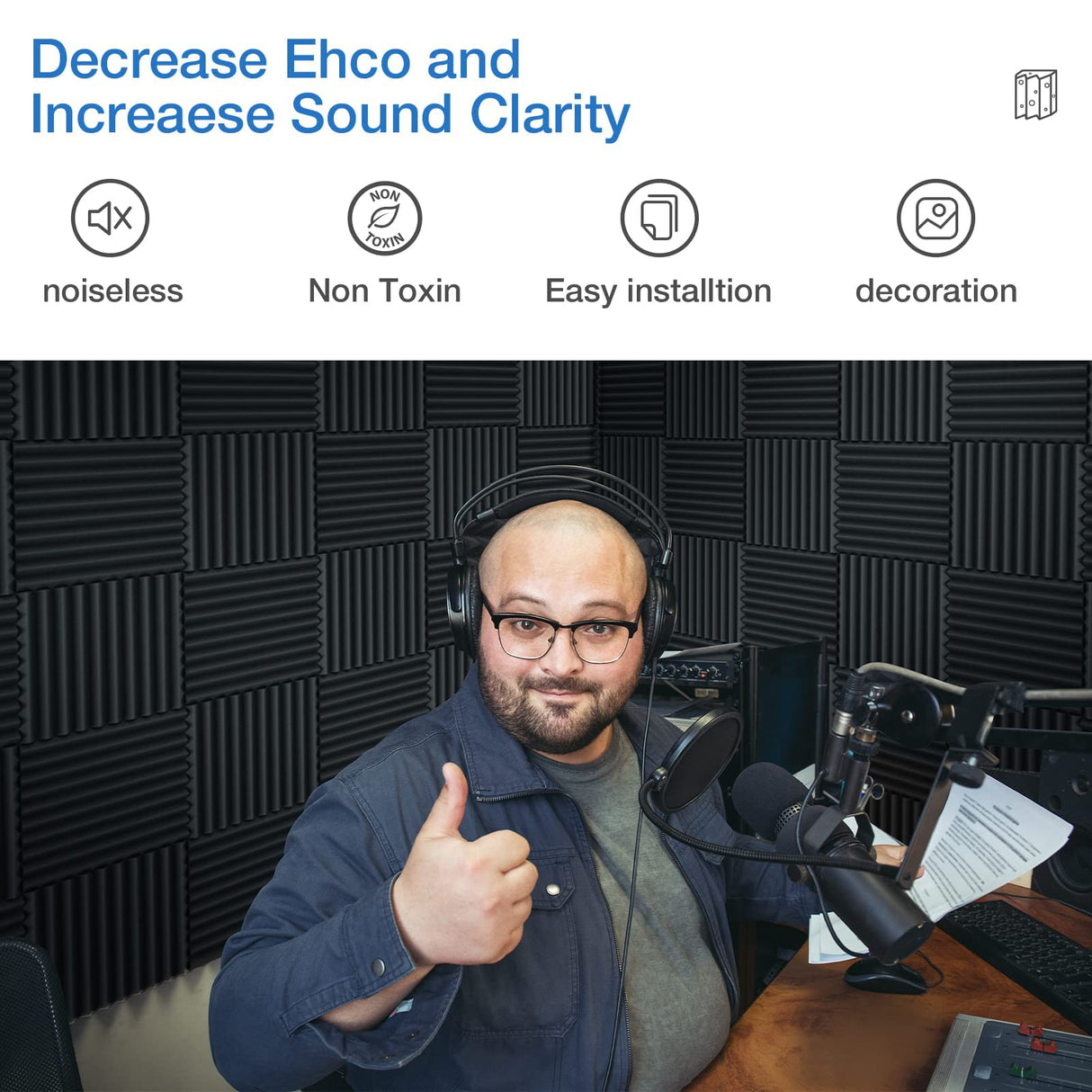 12 Pack Acoustic Panels Self-Adhesive, 1" X 12" X 12" Quick-Recovery Sound Proof Foam Panels, Acoustic Foam Wedges High Density, Soundproof Wall Panels for Home Studio,Carbon Black HEMRLY