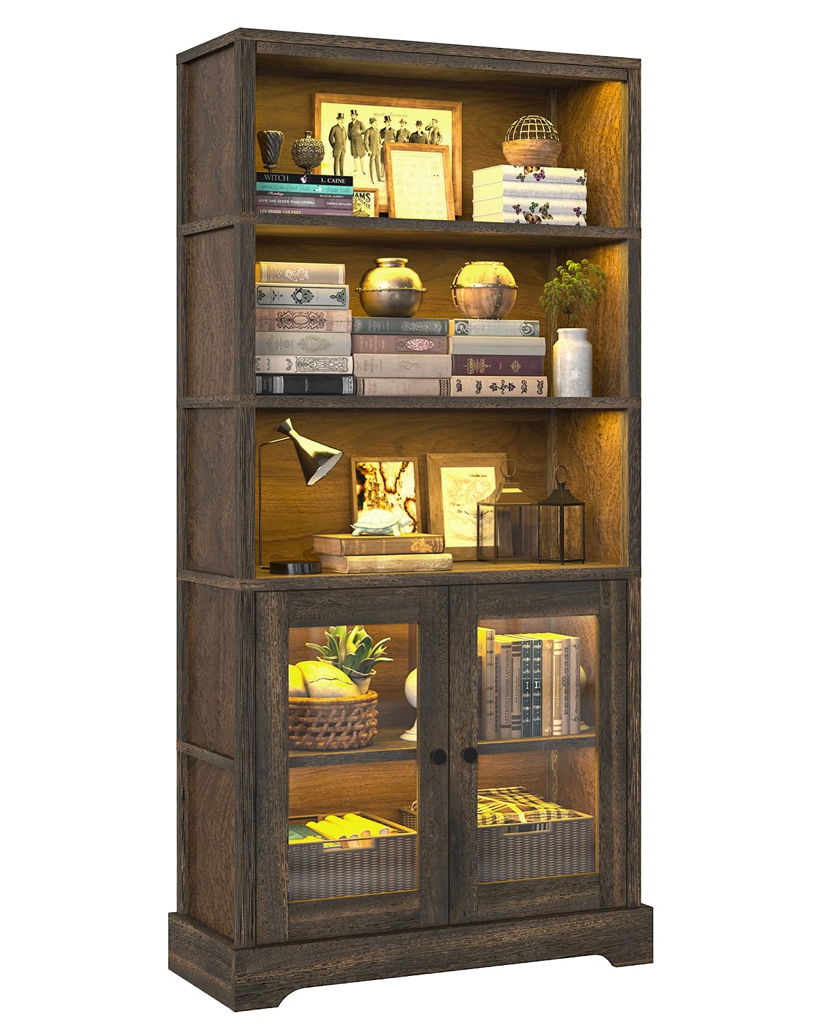 TVU 5-Tier Bookcase with Cabinet & LED, Wood 65 Inch Tall Bookshelf with Storage, Floor Standing Display Book Shelf for Living Room, Office, Study, Entryway (Rustic Brown) TVU