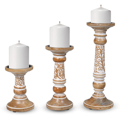 Pillar Candle Holders- Rustic White Hand Carved Mango Wood Candle Holders for Pillar Candles in Home, Living Room, Kitchen or Table Centerpiece Set of 3 Candlestick Holders- 6", 9", 12" for Home Decor Luxe Designs